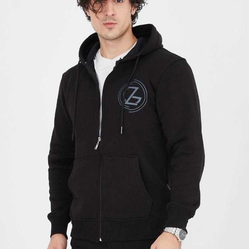 Erkek 3 İplik Pamuklu Fermuarlı Kapüşonlu Kanguru Cepli Baskılı Hoodie Hırka Sweatshirt - Siyah