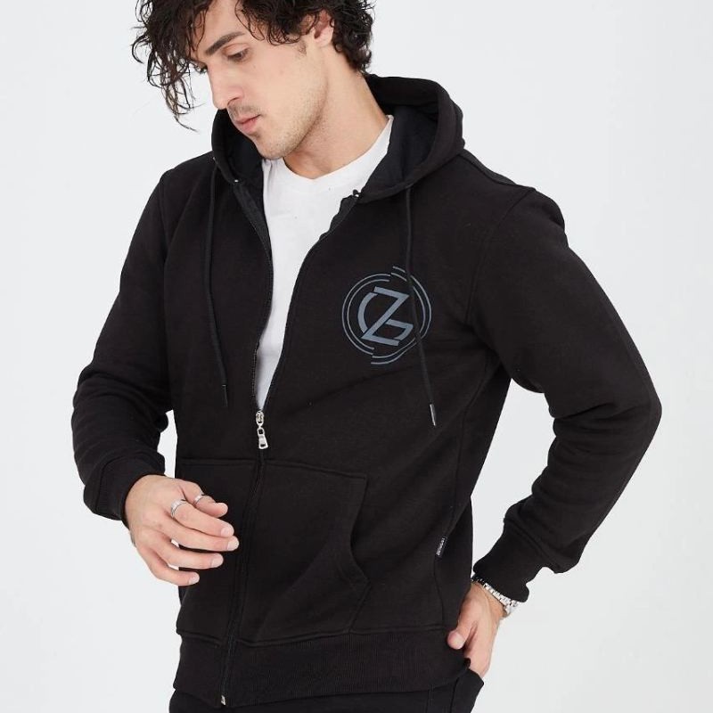Erkek 3 İplik Pamuklu Fermuarlı Kapüşonlu Kanguru Cepli Baskılı Hoodie Hırka Sweatshirt - Siyah