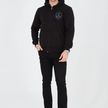 Erkek 3 İplik Pamuklu Fermuarlı Kapüşonlu Kanguru Cepli Baskılı Hoodie Hırka Sweatshirt - Siyah