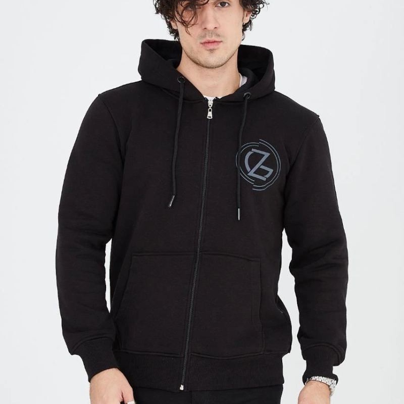 Erkek 3 İplik Pamuklu Fermuarlı Kapüşonlu Kanguru Cepli Baskılı Hoodie Hırka Sweatshirt - Siyah