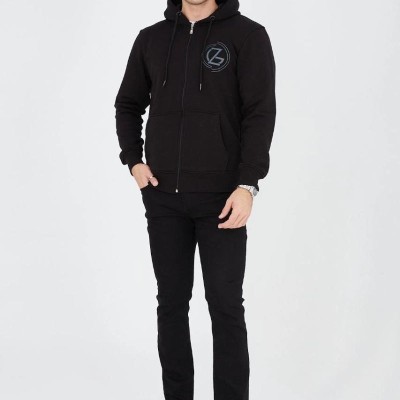 Erkek 3 İplik Pamuklu Fermuarlı Kapüşonlu Kanguru Cepli Baskılı Hoodie Hırka Sweatshirt - Siyah
