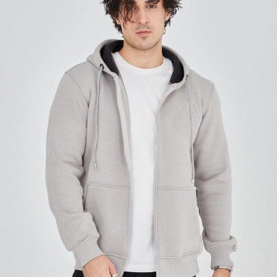 Erkek 3 İplik Pamuklu Fermuarlı Kapüşonlu Kanguru Cepli Hoodie Hırka Sweatshirt - Boyalı Gri