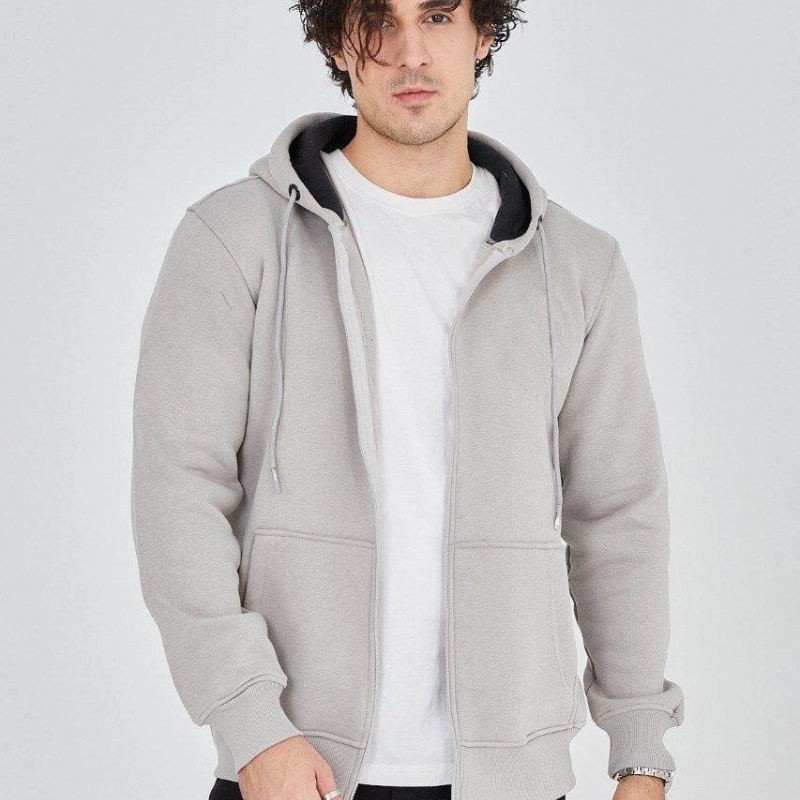 Erkek 3 İplik Pamuklu Fermuarlı Kapüşonlu Kanguru Cepli Hoodie Hırka Sweatshirt - Boyalı Gri