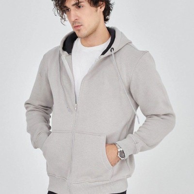 Erkek 3 İplik Pamuklu Fermuarlı Kapüşonlu Kanguru Cepli Hoodie Hırka Sweatshirt - Boyalı Gri