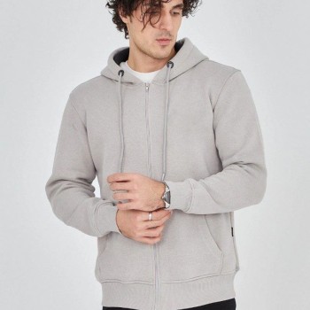 Erkek 3 İplik Pamuklu Fermuarlı Kapüşonlu Kanguru Cepli Hoodie Hırka Sweatshirt - Boyalı Gri