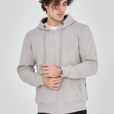 Erkek 3 İplik Pamuklu Fermuarlı Kapüşonlu Kanguru Cepli Hoodie Hırka Sweatshirt - Boyalı Gri