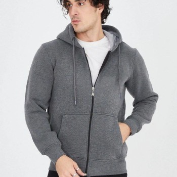 Erkek 3 İplik Pamuklu Fermuarlı Kapüşonlu Kanguru Cepli Hoodie Hırka Sweatshirt - Füme