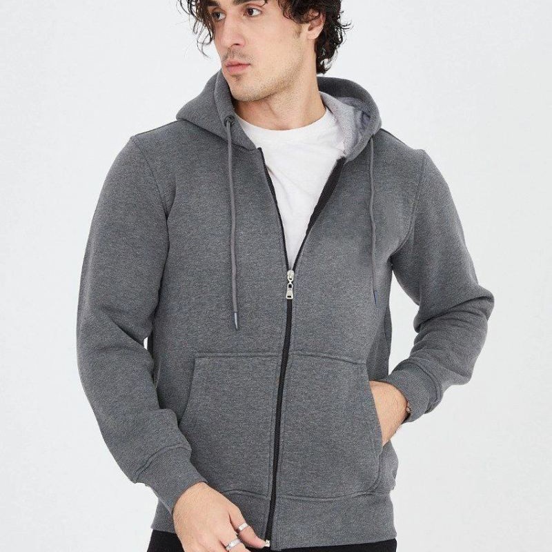 Erkek 3 İplik Pamuklu Fermuarlı Kapüşonlu Kanguru Cepli Hoodie Hırka Sweatshirt - Füme