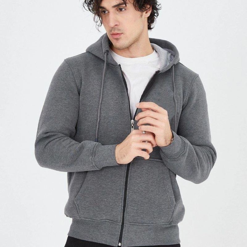 Erkek 3 İplik Pamuklu Fermuarlı Kapüşonlu Kanguru Cepli Hoodie Hırka Sweatshirt - Füme