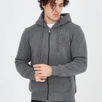 Erkek 3 İplik Pamuklu Fermuarlı Kapüşonlu Kanguru Cepli Hoodie Hırka Sweatshirt - Füme
