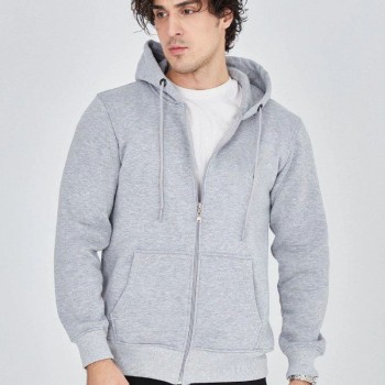 Erkek 3 İplik Pamuklu Fermuarlı Kapüşonlu Kanguru Cepli Hoodie Hırka Sweatshirt - Gri