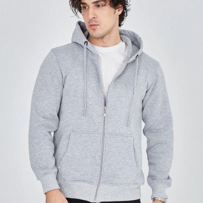 Erkek 3 İplik Pamuklu Fermuarlı Kapüşonlu Kanguru Cepli Hoodie Hırka Sweatshirt - Gri