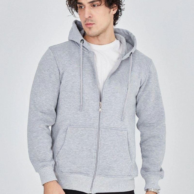 Erkek 3 İplik Pamuklu Fermuarlı Kapüşonlu Kanguru Cepli Hoodie Hırka Sweatshirt - Gri