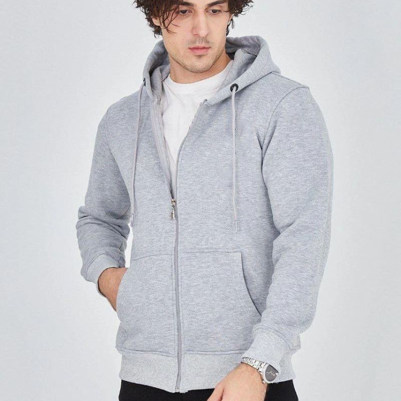 Erkek 3 İplik Pamuklu Fermuarlı Kapüşonlu Kanguru Cepli Hoodie Hırka Sweatshirt - Gri