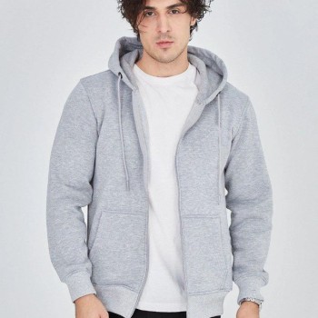 Erkek 3 İplik Pamuklu Fermuarlı Kapüşonlu Kanguru Cepli Hoodie Hırka Sweatshirt - Gri