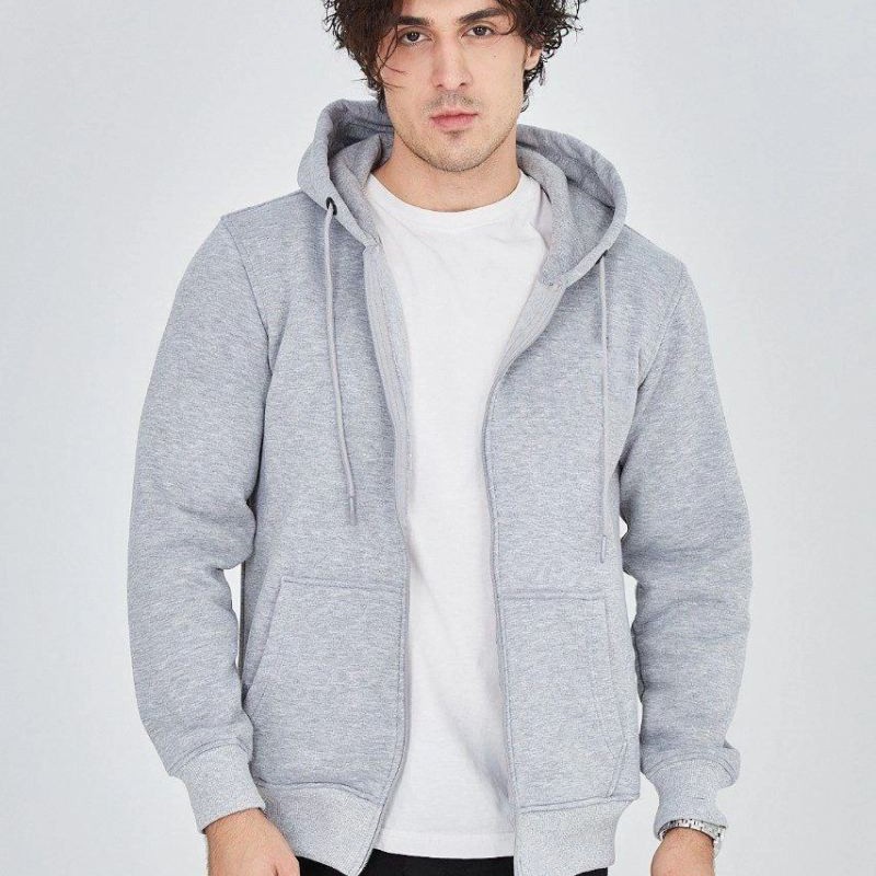 Erkek 3 İplik Pamuklu Fermuarlı Kapüşonlu Kanguru Cepli Hoodie Hırka Sweatshirt - Gri