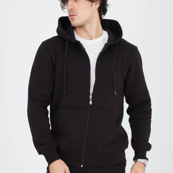 Erkek 3 İplik Pamuklu Fermuarlı Kapüşonlu Kanguru Cepli Hoodie Hırka Sweatshirt - Siyah