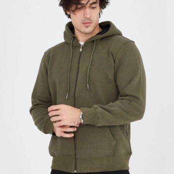 Erkek 3 İplik Pamuklu Fermuarlı Kapüşonlu Kanguru Cepli Hoodie Hırka Sweatshirt - Yeşil