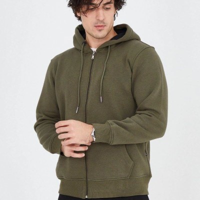 Erkek 3 İplik Pamuklu Fermuarlı Kapüşonlu Kanguru Cepli Hoodie Hırka Sweatshirt - Yeşil