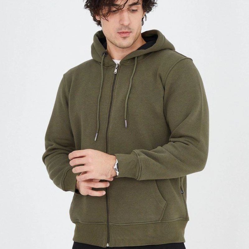 Erkek 3 İplik Pamuklu Fermuarlı Kapüşonlu Kanguru Cepli Hoodie Hırka Sweatshirt - Yeşil