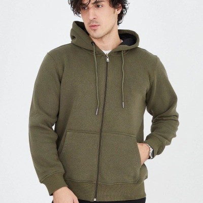 Erkek 3 İplik Pamuklu Fermuarlı Kapüşonlu Kanguru Cepli Hoodie Hırka Sweatshirt - Yeşil