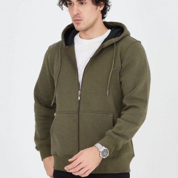 Erkek 3 İplik Pamuklu Fermuarlı Kapüşonlu Kanguru Cepli Hoodie Hırka Sweatshirt - Yeşil