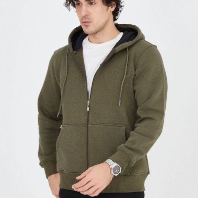 Erkek 3 İplik Pamuklu Fermuarlı Kapüşonlu Kanguru Cepli Hoodie Hırka Sweatshirt - Yeşil