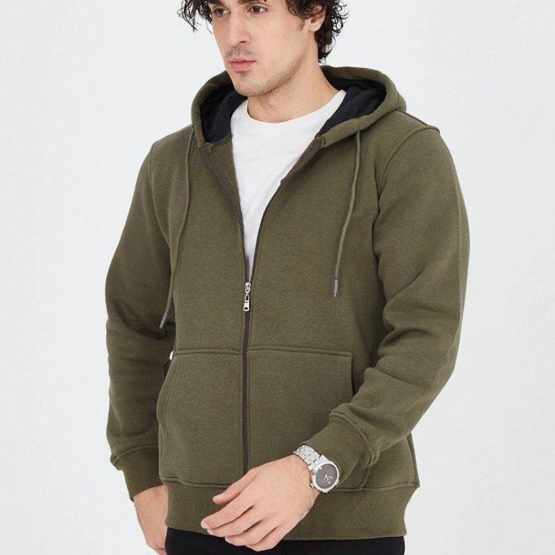 Erkek 3 İplik Pamuklu Fermuarlı Kapüşonlu Kanguru Cepli Hoodie Hırka Sweatshirt - Yeşil