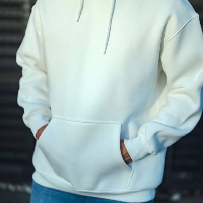 Erkek 3 İplik Pamuklu Kapüşonlu Basic SweatShirt Hoodie - Beyaz
