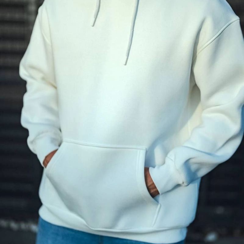 Erkek 3 İplik Pamuklu Kapüşonlu Basic SweatShirt Hoodie - Beyaz