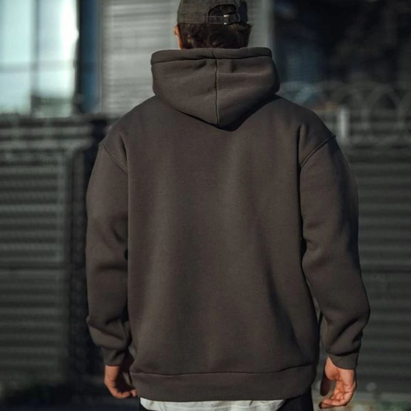 Erkek 3 İplik Pamuklu Kapüşonlu Basic SweatShirt Hoodie - Füme