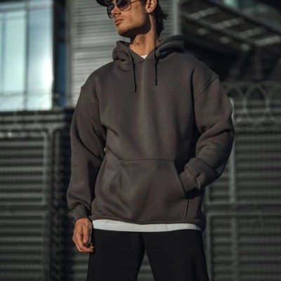Erkek 3 İplik Pamuklu Kapüşonlu Basic SweatShirt Hoodie - Füme