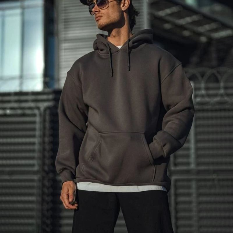 Erkek 3 İplik Pamuklu Kapüşonlu Basic SweatShirt Hoodie - Füme