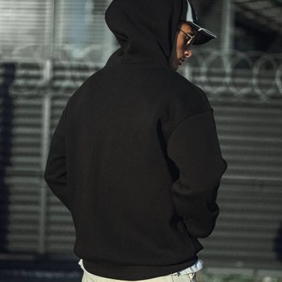 Erkek 3 İplik Pamuklu Kapüşonlu Basic SweatShirt Hoodie - Siyah