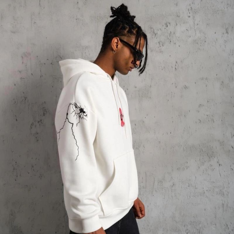 Erkek 3 İplik Pamuklu Kapüşonlu Baskılı Cepli Oversize Sweatshirt Hoodie - Beyaz