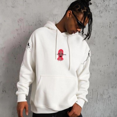 Erkek 3 İplik Pamuklu Kapüşonlu Baskılı Cepli Oversize Sweatshirt Hoodie - Beyaz