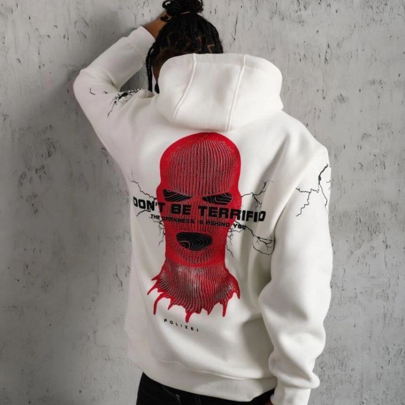 Erkek 3 İplik Pamuklu Kapüşonlu Baskılı Cepli Oversize Sweatshirt Hoodie - Beyaz