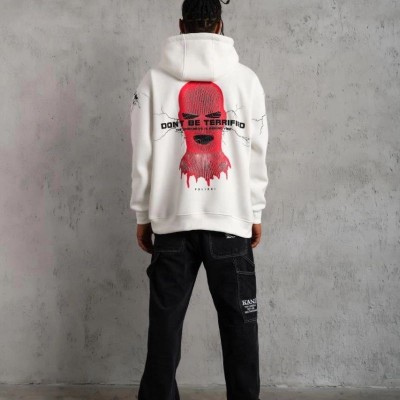 Erkek 3 İplik Pamuklu Kapüşonlu Baskılı Cepli Oversize Sweatshirt Hoodie - Beyaz