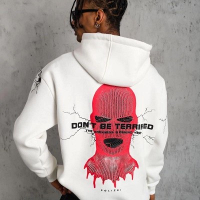 Erkek 3 İplik Pamuklu Kapüşonlu Baskılı Cepli Oversize Sweatshirt Hoodie - Beyaz