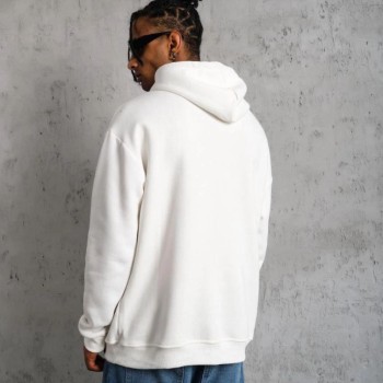 Erkek 3 İplik Pamuklu Kapüşonlu Baskılı Cepli Oversize Sweatshirt Hoodie - Beyaz