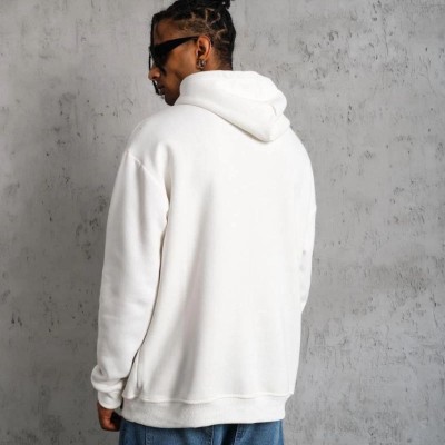 Erkek 3 İplik Pamuklu Kapüşonlu Baskılı Cepli Oversize Sweatshirt Hoodie - Beyaz