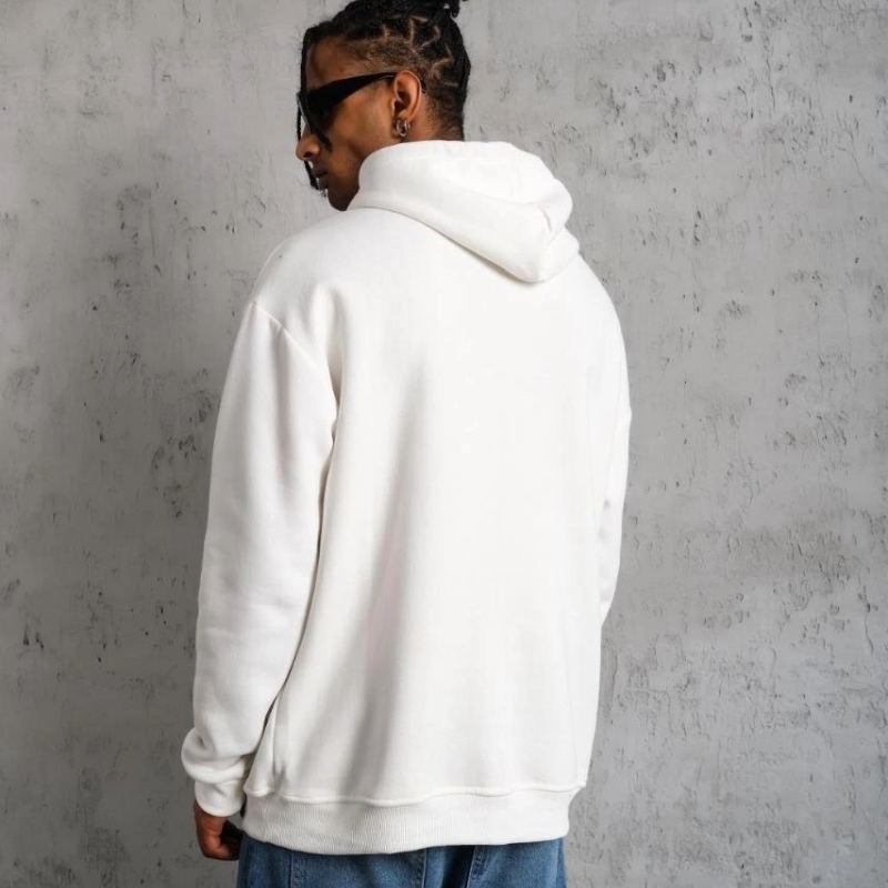 Erkek 3 İplik Pamuklu Kapüşonlu Baskılı Cepli Oversize Sweatshirt Hoodie - Beyaz