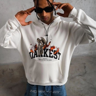Erkek 3 İplik Pamuklu Kapüşonlu Baskılı Cepli Oversize Sweatshirt Hoodie - Beyaz