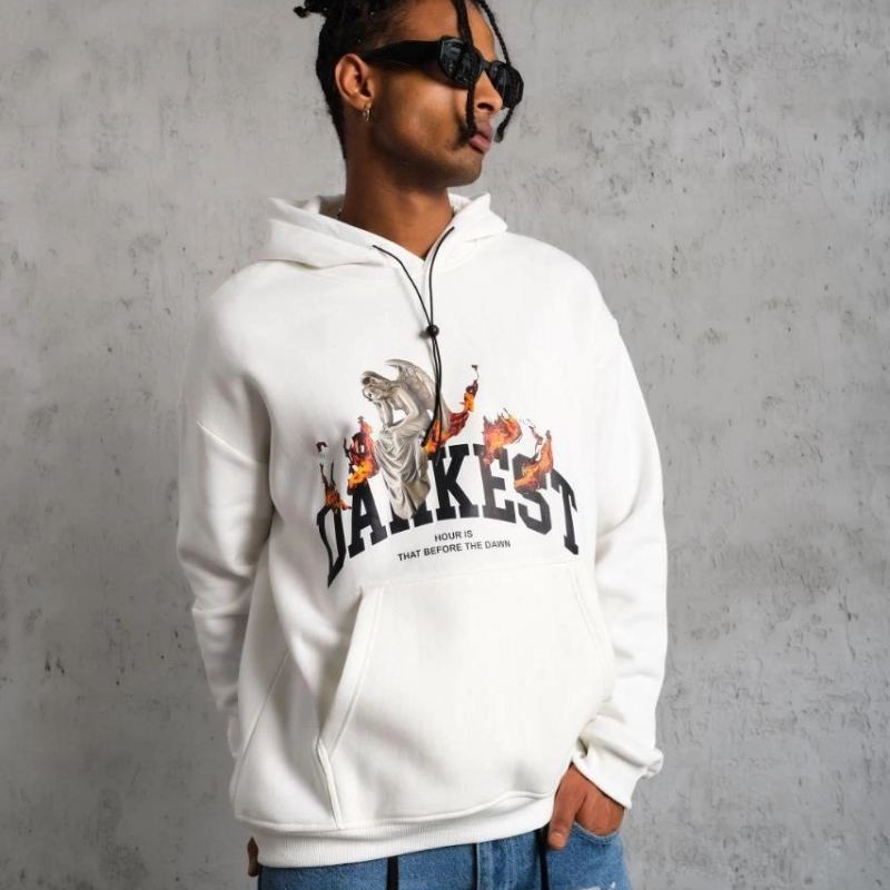 Erkek 3 İplik Pamuklu Kapüşonlu Baskılı Cepli Oversize Sweatshirt Hoodie - Beyaz