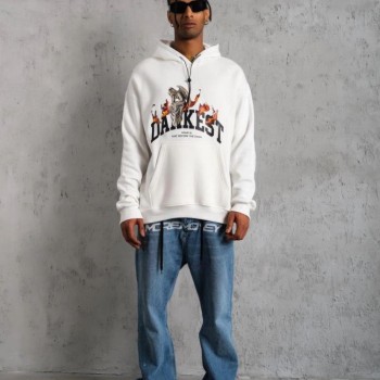 Erkek 3 İplik Pamuklu Kapüşonlu Baskılı Cepli Oversize Sweatshirt Hoodie - Beyaz