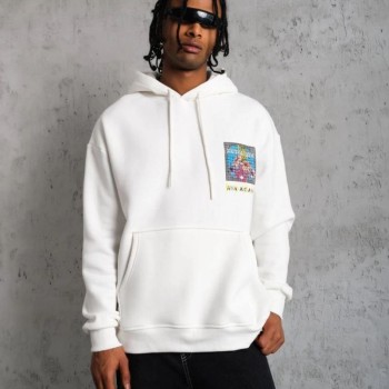 Erkek 3 İplik Pamuklu Kapüşonlu Baskılı Cepli Oversize Sweatshirt Hoodie - Beyaz
