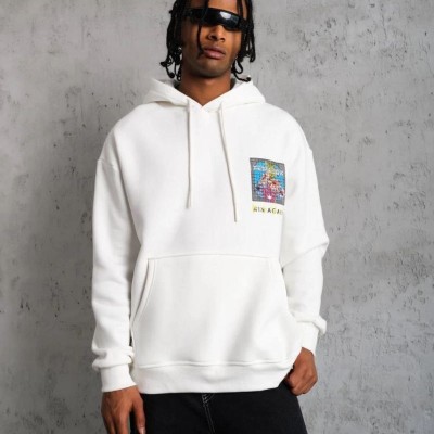 Erkek 3 İplik Pamuklu Kapüşonlu Baskılı Cepli Oversize Sweatshirt Hoodie - Beyaz