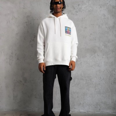 Erkek 3 İplik Pamuklu Kapüşonlu Baskılı Cepli Oversize Sweatshirt Hoodie - Beyaz