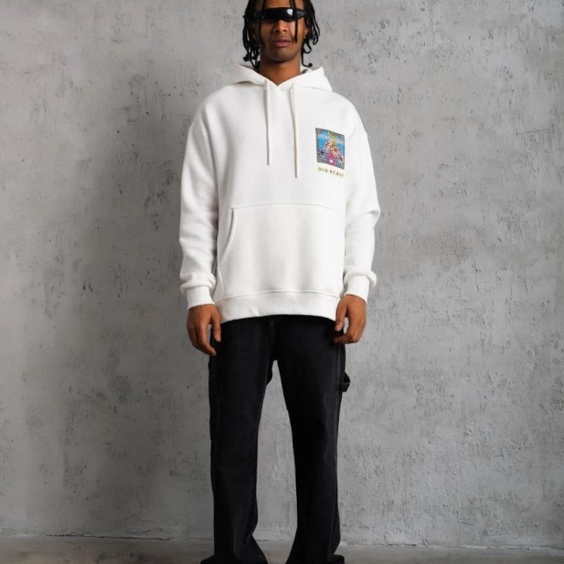 Erkek 3 İplik Pamuklu Kapüşonlu Baskılı Cepli Oversize Sweatshirt Hoodie - Beyaz