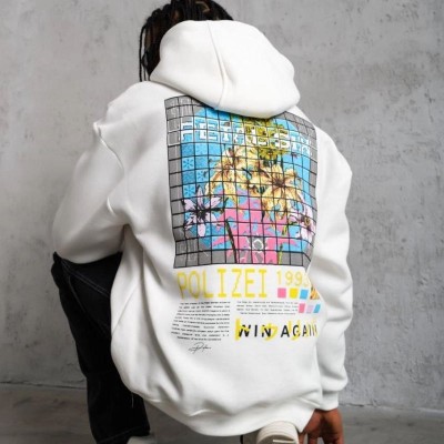 Erkek 3 İplik Pamuklu Kapüşonlu Baskılı Cepli Oversize Sweatshirt Hoodie - Beyaz